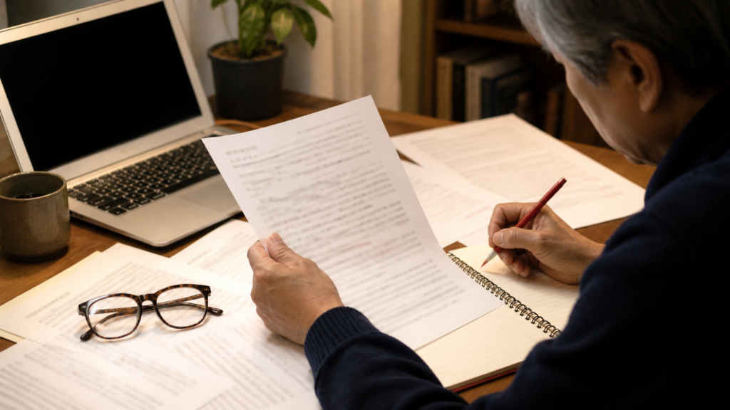 60代男性が印刷したブログ原稿を見直しながらノートに修正点を書く様子