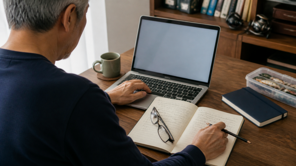 60代男性が自宅の机でノートを見ながらChatGPTを使ってブログを書く様子