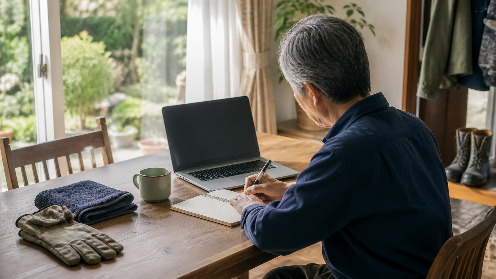 60代男性が外仕事の手袋をそばに置き自宅の机でブログ記事のメモを書く様子