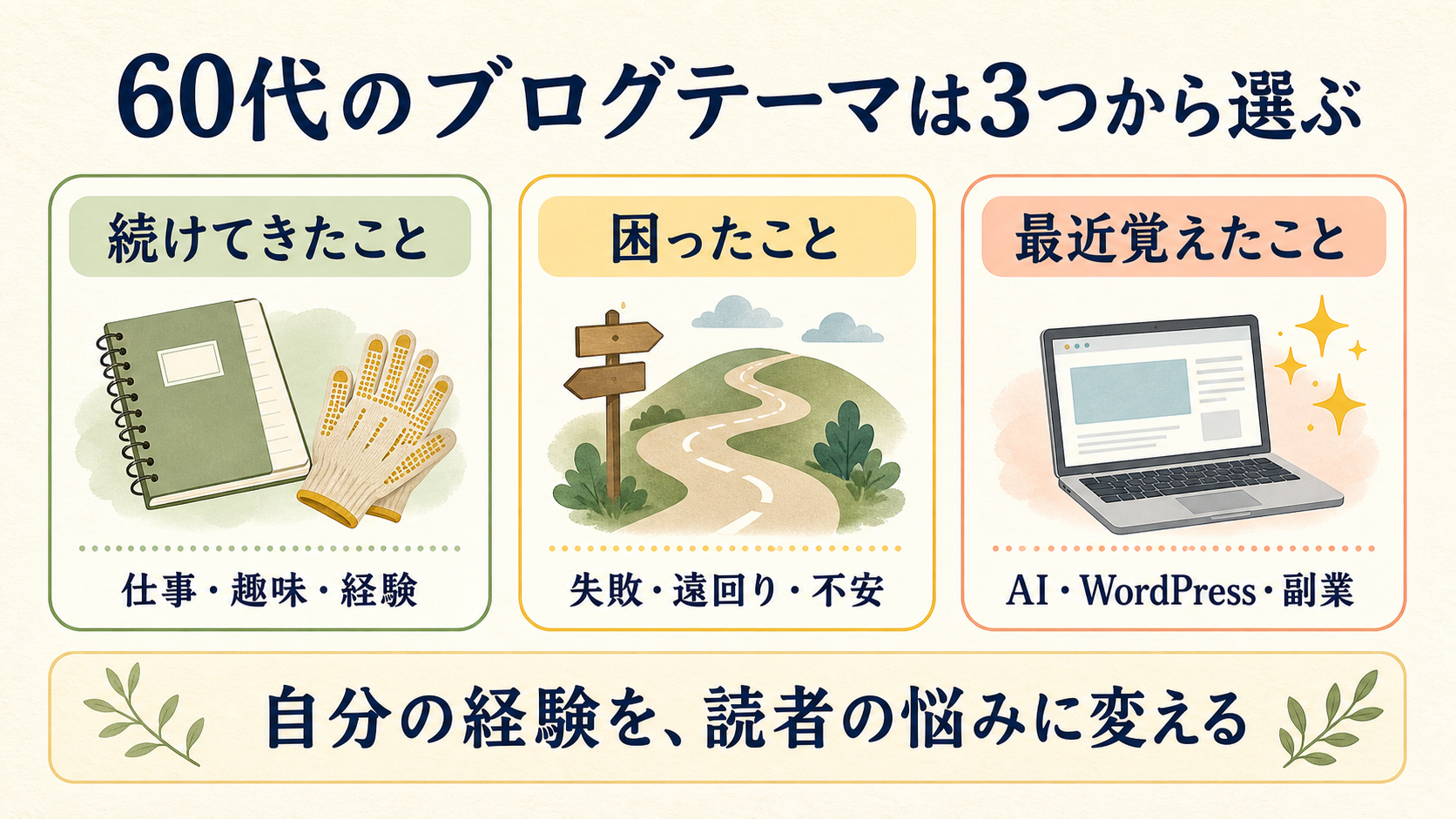 60代のブログテーマは続けてきたこと、困ったこと、最近覚えたことの3つから選ぶという図解