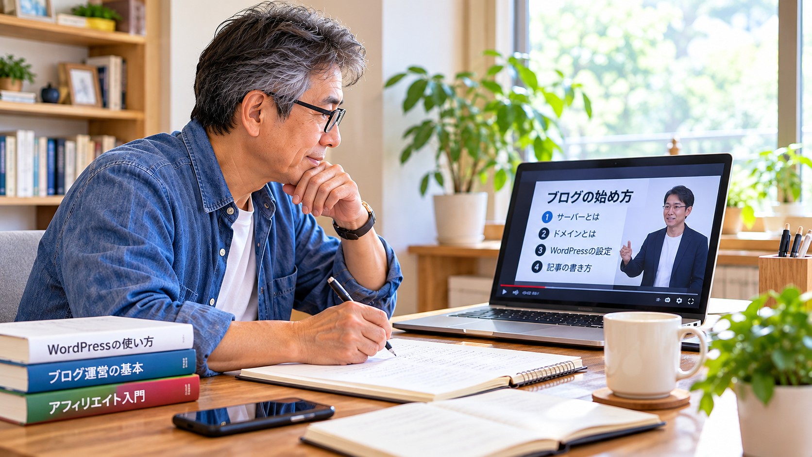 ブログの動画教材を見ながらパソコンで勉強する60代男性のイメージ